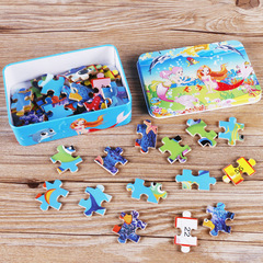 100片铁盒装木质拼图幼儿童益智卡通积木制早教玩具5-6-7-8-9岁