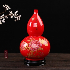 中国红陶瓷 红釉牡丹花葫芦瓶 高档开业家居客厅摆件结婚礼物礼品