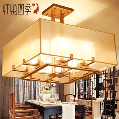 新中式吊灯 客厅灯正方形现代仿古餐厅铁艺布艺创意复古中式灯具