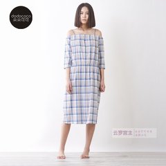 朵朵可可家居服2015秋冬新款纯棉格子露肩中袖女睡裙DW52CQ034