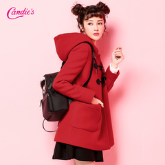 Candie's2016冬新款纯色小A型连帽大口袋毛呢大衣外套女30064028