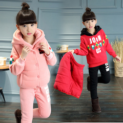 2016冬季新款女童加绒卫衣三件套儿童童装韩版小学生加厚保暖套装
