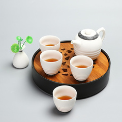 聚森小茶具套装陶瓷茶盘雪花釉整套功夫茶壶竹制圆形茶盘盖碗托盘