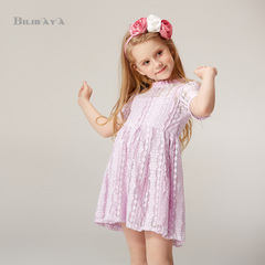 女童时尚薄纱公主裙儿童夏装礼服宝宝短袖连衣裙儿童紫色蕾丝裙子