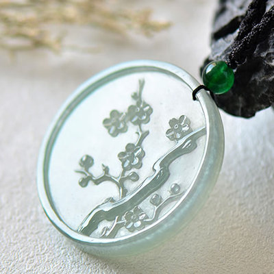 天然a货冰种精雕梅花圆牌挂件吊坠