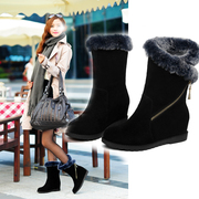 2015 new high boots in leather snow boots women's shoes with thick and plush rabbit fur winter flat shoes