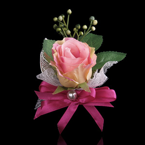 玫瑰花形红丝带深红色胸花 结婚用品 金叶胸花 新郎新娘胸花