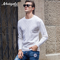 麦格拉时尚羊绒衫白色纯山羊绒针织衫男士圆领套头100%全羊绒毛衣