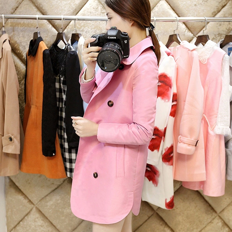 韩版中长款长袖纯色风衣外套女2016冬装新品双排扣修身显瘦大衣女产品展示图3