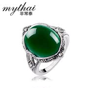 Royal Thai 925 Silver ring mark racing retro atmosphere natural green agate gem