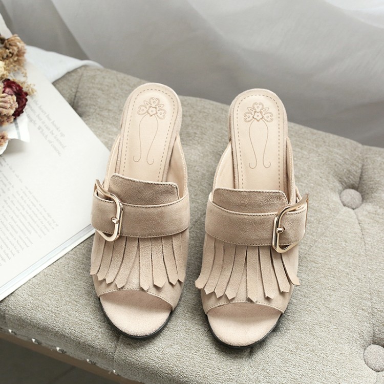 2017 A summer Scrub Belt buckle tassels Toe Shaped with Middle heel Toe lady slipperin the Women's Shoes, slipper, Word tow category - from Buy2taobao.com to provide professional Taobao agent buy service