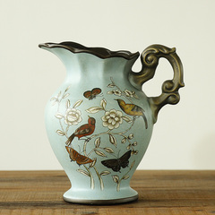 欧式美式乡村家居装饰品工艺品乔迁礼物鸟与蝴蝶彩绘陶瓷花瓶花器