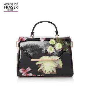 英國老牌burberry更換logo Ted Baker亮面花卉印花翻蓋金屬鎖邊logo黑色手提包Hof英國763409 burberry大logo