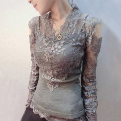 2016秋冬季新款女装修身蕾丝打底衫性感露肩长袖T恤网纱短款上衣