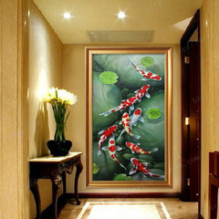 九鱼图玄关风水油画竖版中式欧式走廊过道纯手绘手工鱼装饰挂壁画
