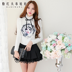 Printing t shirts women's pink doll autumn bow blouses ruffled collar long sleeve t-shirt woman