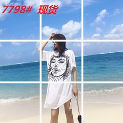 夏季女装宽松白色短袖T恤女 韩版新款中长款印花裙子连衣裙潮
