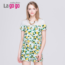 lagogo拉谷谷 2015夏款韩范拼接镂空纱网圆领印花上衣EBA615G410