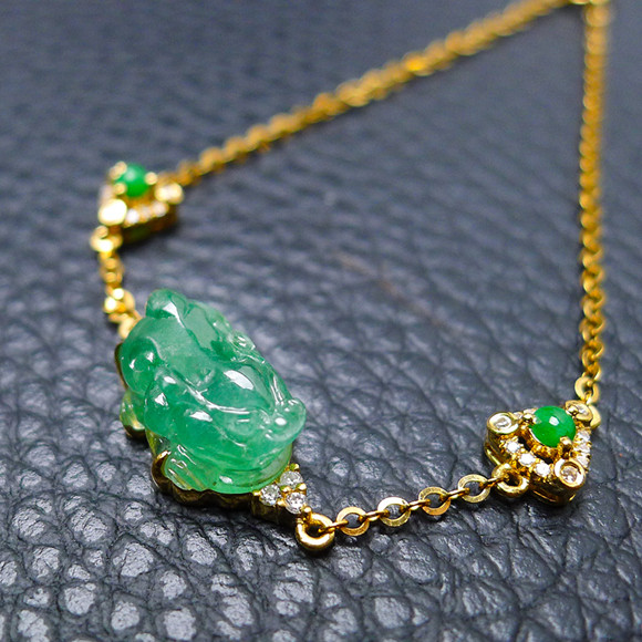 【源头好货-四会】翡翠a货冰润满绿18k金镶嵌招财貔貅手链3.38克