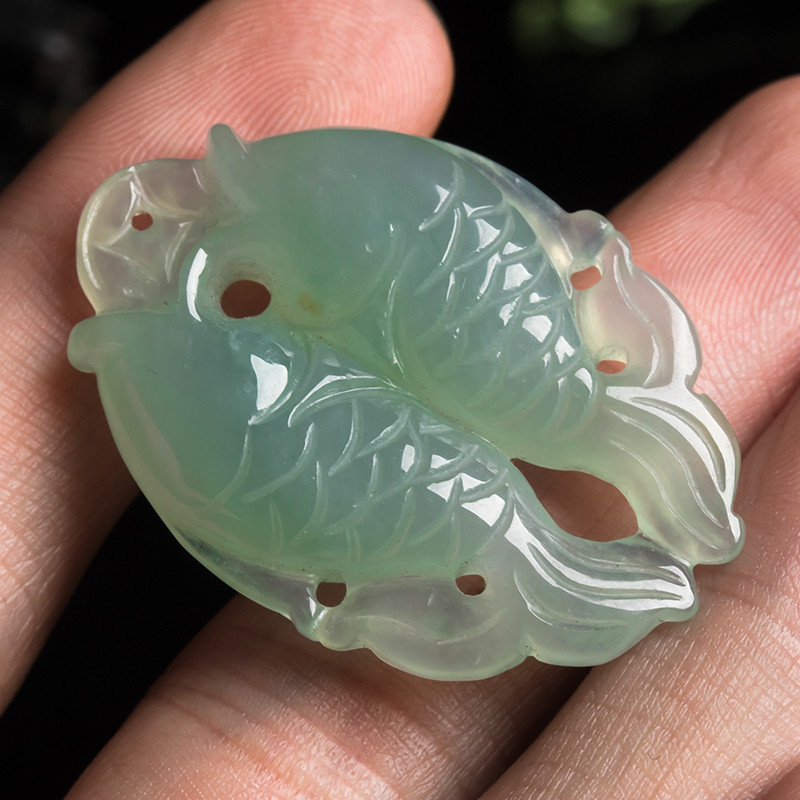 冰种翡翠鱼吊坠天然缅甸正品a货莹润双鱼吊坠年年有鱼11.38g