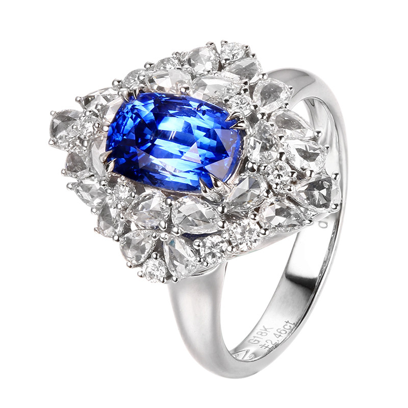 2.46克拉天然蓝宝石戒指吊坠矢车菊火彩好晶体好18k玫瑰车工钻石