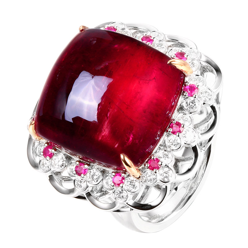 重27.65ct 天然红碧玺戒指吊坠两用款式18k金镶嵌钻石红宝石