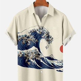 Ukiyo-e  short-sleeved shirt日系浮世绘印花 男生短袖衬衫