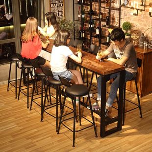 推荐美式实木吧台桌复古酒吧咖啡厅铁艺吧台桌椅组合奶茶店靠墙高