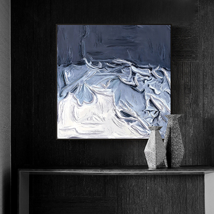 沧雪 现代简约抽象装饰画蓝色正方形挂画油画艺术沙发背景墙