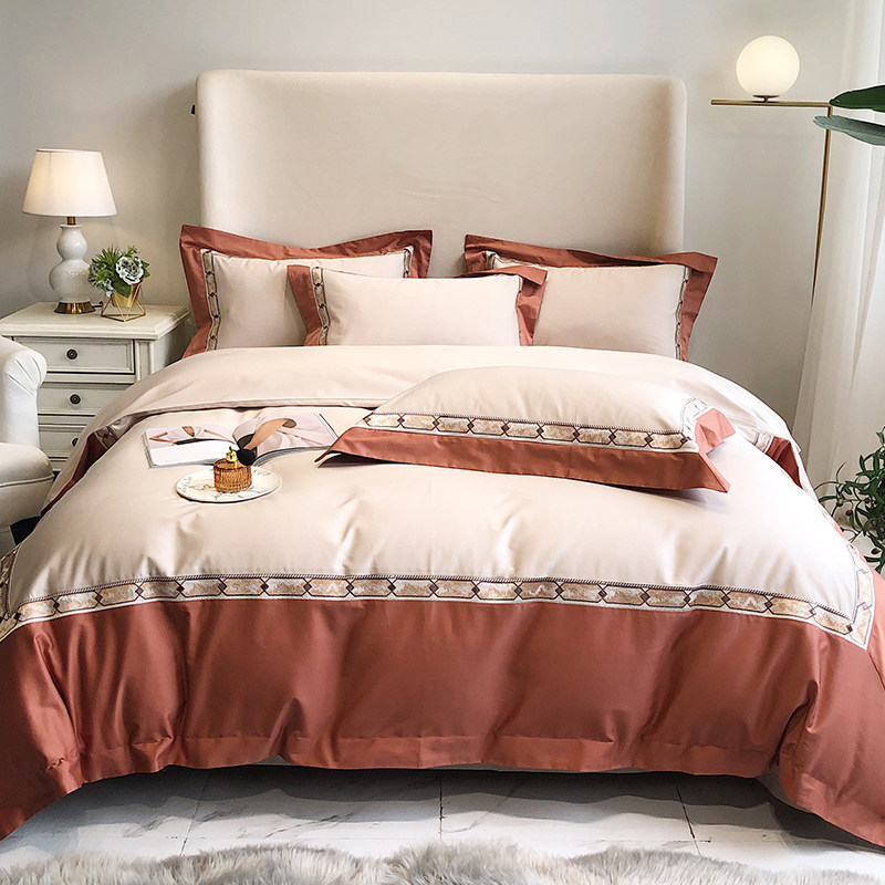 新品现代100支澳棉刺绣四件y套简约拼接纯棉被套床单全棉床上用品床品