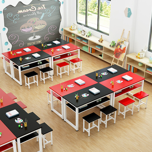 小学生双人桌彩色儿童绘画美术课桌椅培训桌辅导班双层书法长条桌