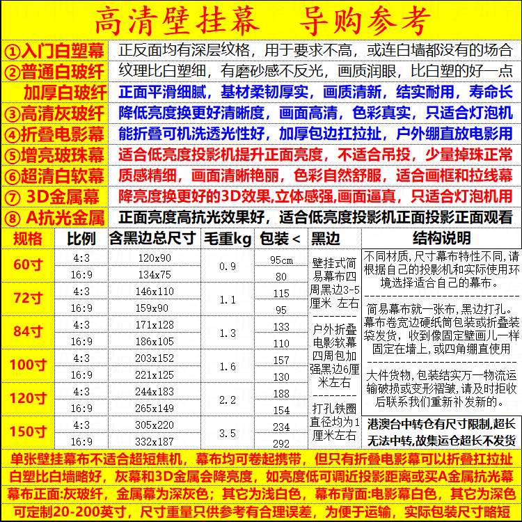 高清家用投影仪幕家家用投影布幕E布壁挂幕布投用布影120寸