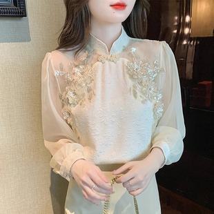 新中式雪纺衬衫女秋季2023新款复古小个子高级感气质盘扣旗袍上衣
