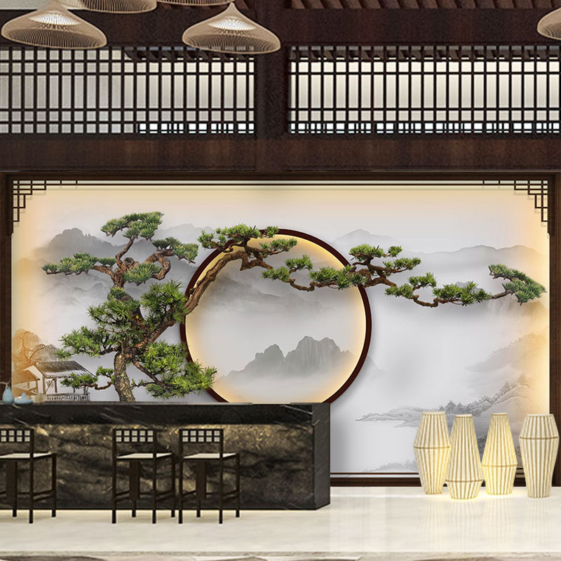 新中式山水客厅竹木纤维电视背景墙集成墙板饭店酒店迎客松护墙板