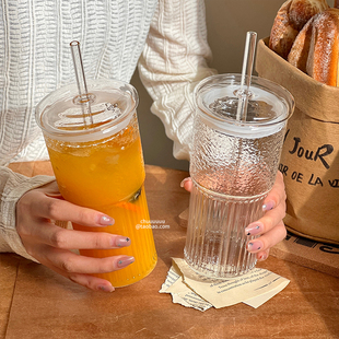 ins风玻璃杯大容量水杯夏季带吸管带盖家用女高颜值果汁饮料杯子