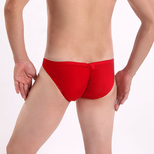 冰丝内裤男士透明三角裤速干面料性感红色透视后收皱U凸低腰短裤
