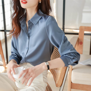 三醋酸衬衫女高端蓝色日本定制缎面抗皱高级感长袖衬衣2023年新款