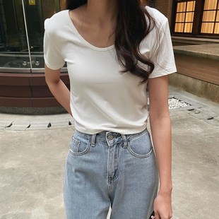 短袖女2024夏季新款白色体恤基础款纯色上衣韩版显瘦低领短款T恤