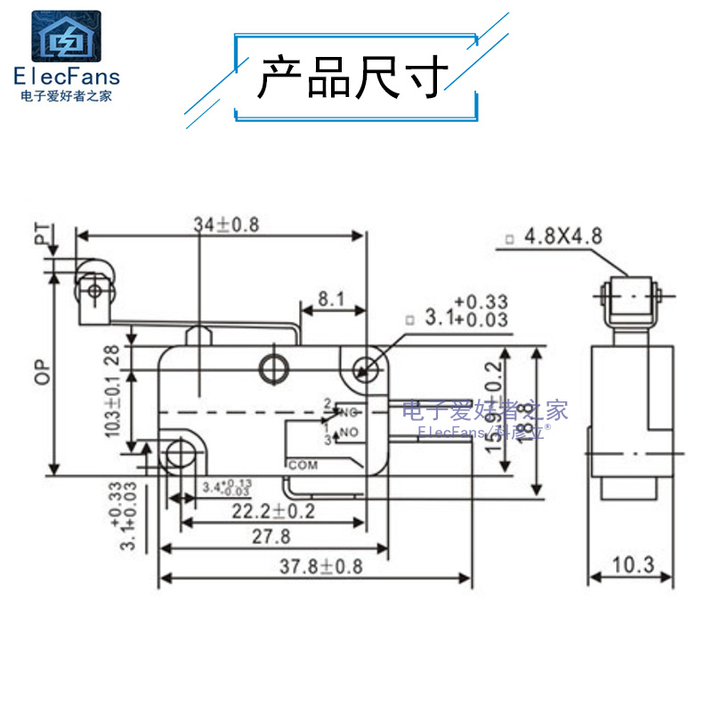 推荐V-156-1C25 行程限位微动开关 15A 铜脚银触点自复位带滚轮