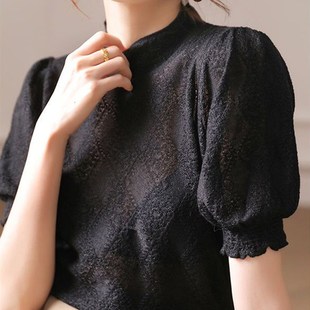 半高领黑色短袖针织衫女2023夏季新款法式镂空大码薄款Y泡泡袖上