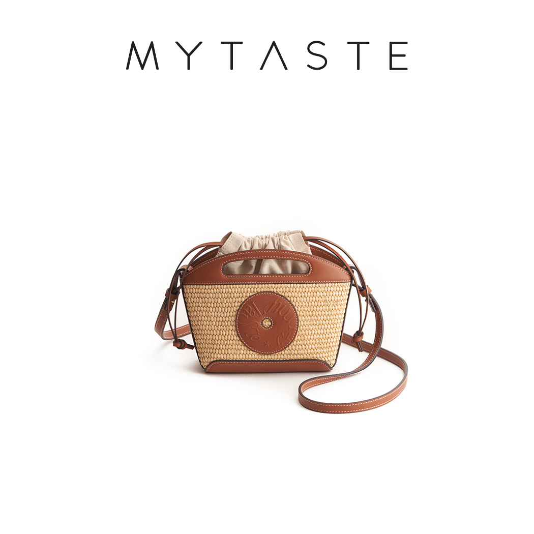 MYTASTE/Cookie曲奇抽绳草编菜篮子包L真皮斜挎手提小桶包小众女