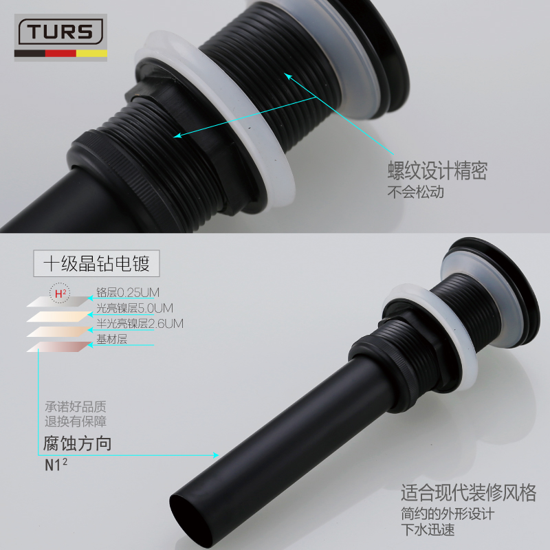 德国TURS全铜弹跳式落水下水器黑色墙排入墙式防臭台盆Z下水管配