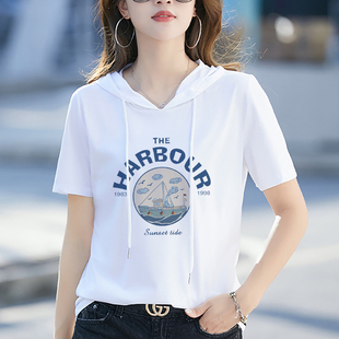 白色连帽短袖t恤女2023年夏季新款韩版印花宽松大码休闲帽衫上衣