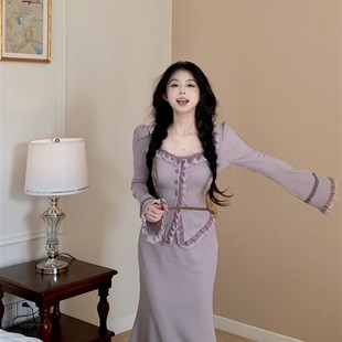 现货速发甜美紫色蕾丝纯欲套装女春季2024新款针织开衫半身长裙时