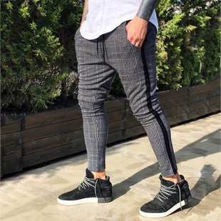 网红Men's Long Casual Sport Pants Slim Fit Plaid Print T