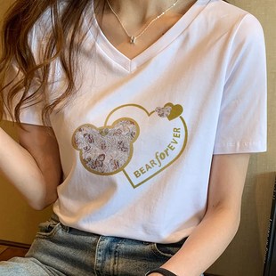 纯棉V领短袖t恤j女2024新款夏季小众设计感chic甜辣宽松显瘦上衣