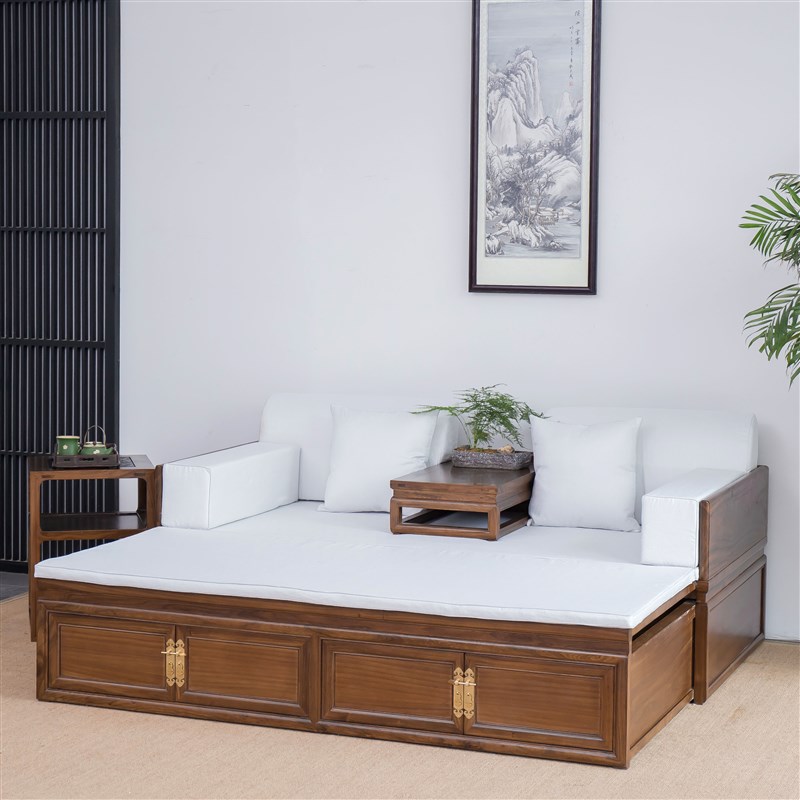 新中式家具老榆木黑胡桃色伸缩推拉罗汉床榻塌卧室客厅茶室沙发床