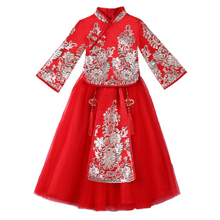 中国风旗袍汉服拜年服春秋冬x古装唐装女童裙子红色礼服过年新年