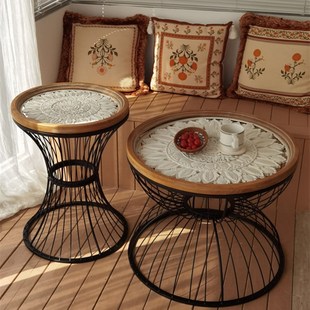 速发摩洛哥法式客厅沙发边几铁艺角几实木雕花复古圆形小茶几咖啡