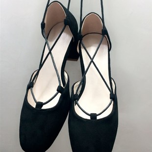 2022凉鞋新款女玛丽珍粗跟绑带女鞋芭蕾舞N中跟复古方头绒面系带